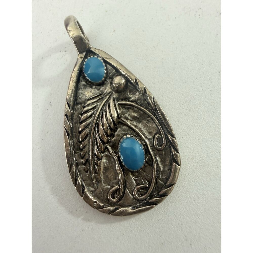 925 Sterling Silver Turquoise Pendant Southwestern Boho Feather Design